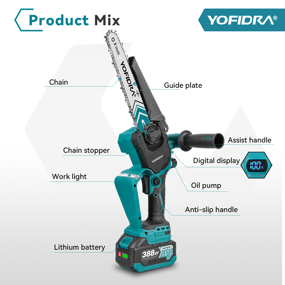 YOFIDRA 8" Brushless Cordless Chainsaw with Digital Display - Compatible with Makita 18-21V Battery