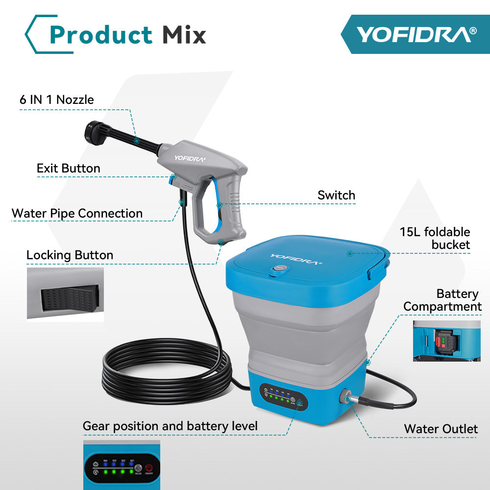 YOFIDRA High-Pressure Cordless Foldable Water Tank Washer, 4-Level Pressure, 6-in-1 Nozzle, Lockable Head, 3m Hose