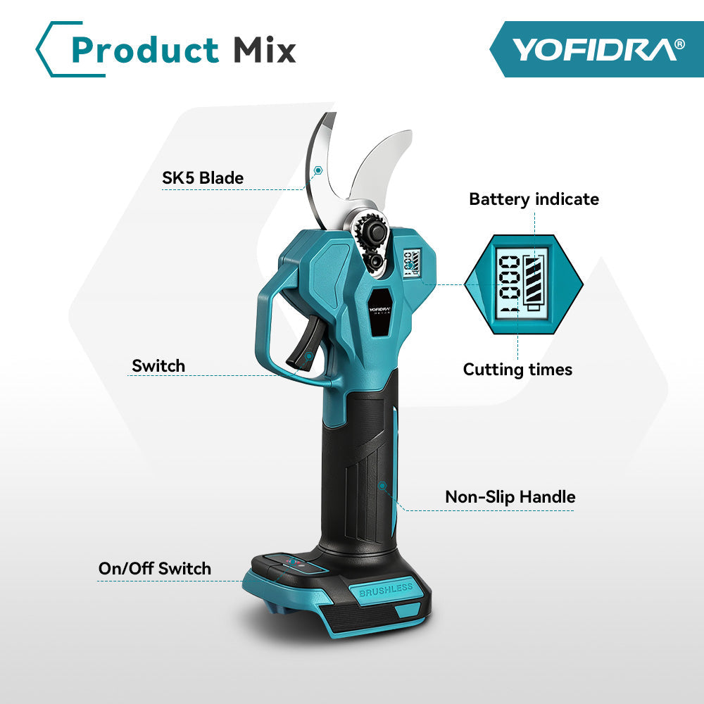YOFIDRA 32mm Brushless Digital Pruning Shears (2-Speed) - Compatible with Makita 18V Battery