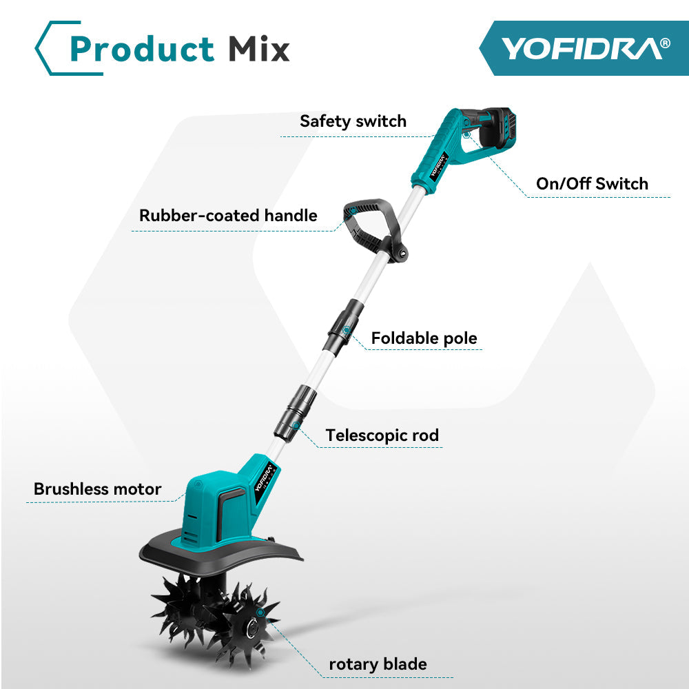 YOFIDRA Cordless Brushless Garden Tiller – Fits Makita 18V-21V Batteries