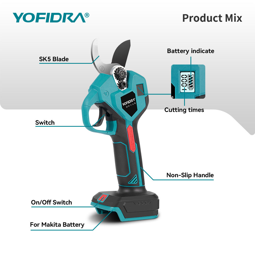 YOFIDRA 38mm Brushless 2 Gears Cordless Fruit Tree Bonsai Pruning Electric Scissors For Makita 18V Battery