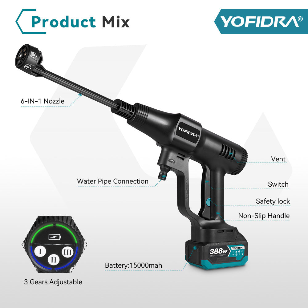 YOFIDRA 200Bar Brushless High Pressure Water Gun for Car and Garden Cleaning - Compatible with Makita 18V Batteries