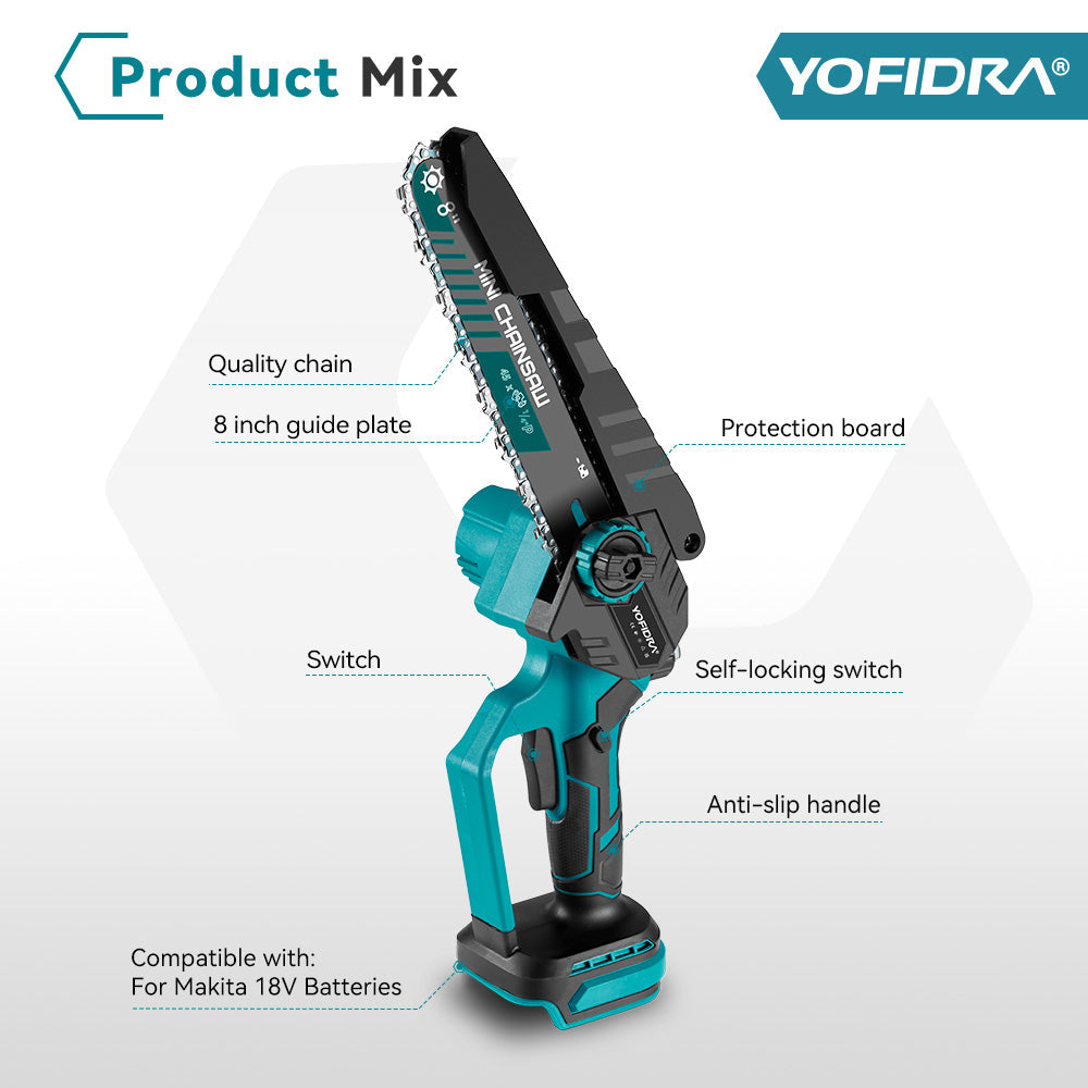 YOFIDRA 8 Inch Cordless Electric Chainsaw with Digital Display Compatible with Makita 18-21V Battery