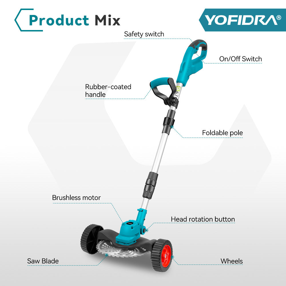 YOFIDRA 9 Inch Brushless Electric Lawn Mower Foldable Adjustable Cordless Trimmer | For Makita 18V Battery