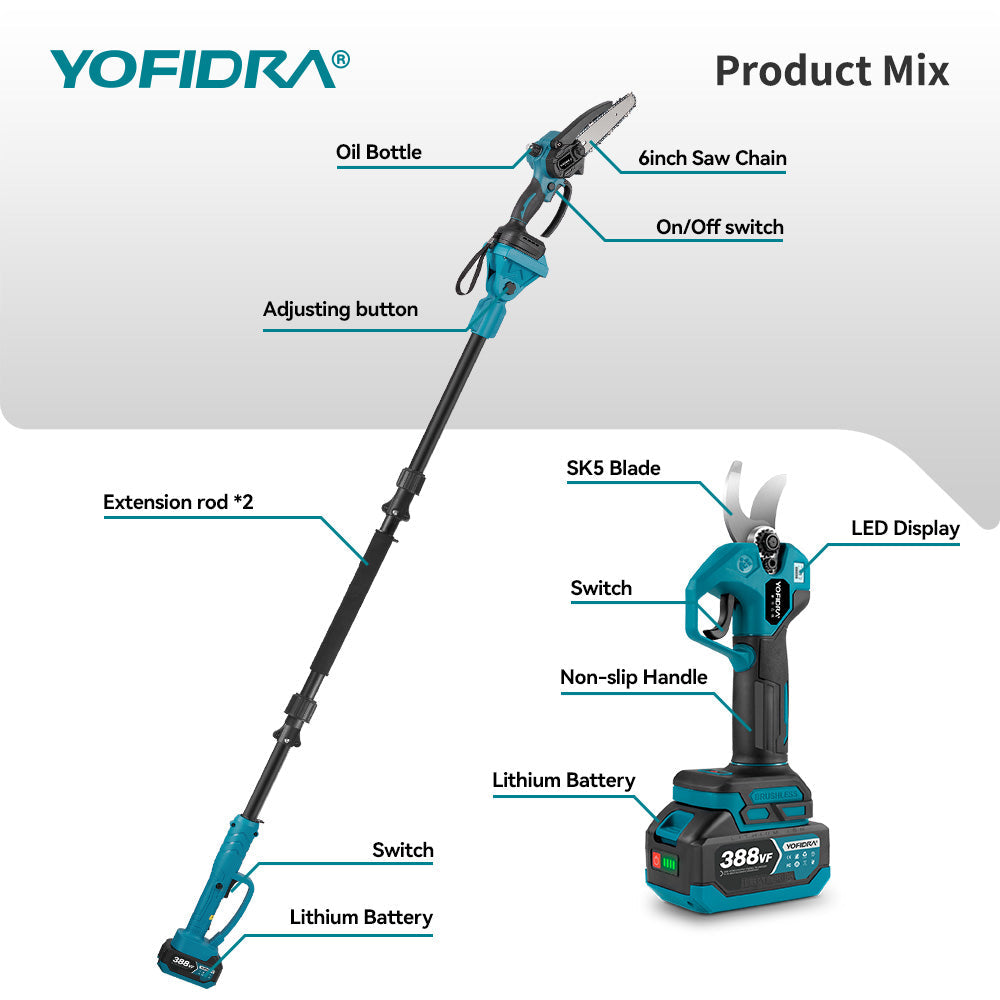 YOFIDRA Brushless Telescoping Pole Electric Chainsaw Scissors 3 IN 1 Garden Tree Pruning Power Tool For Makita 18V-21V Battery
