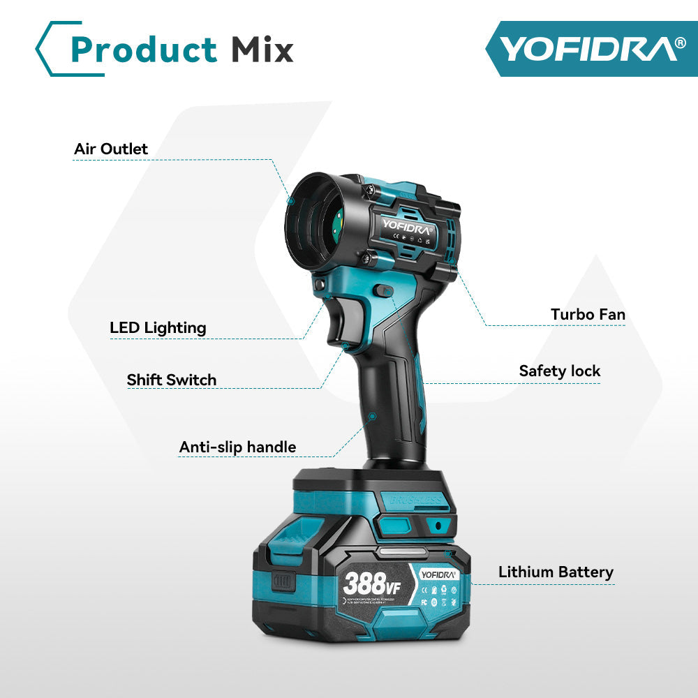 YOFIDRA Brushless 2-in-1 Cordless High-Speed Turbo Blower & Vacuum - Compatible with Makita 18-21V Battery