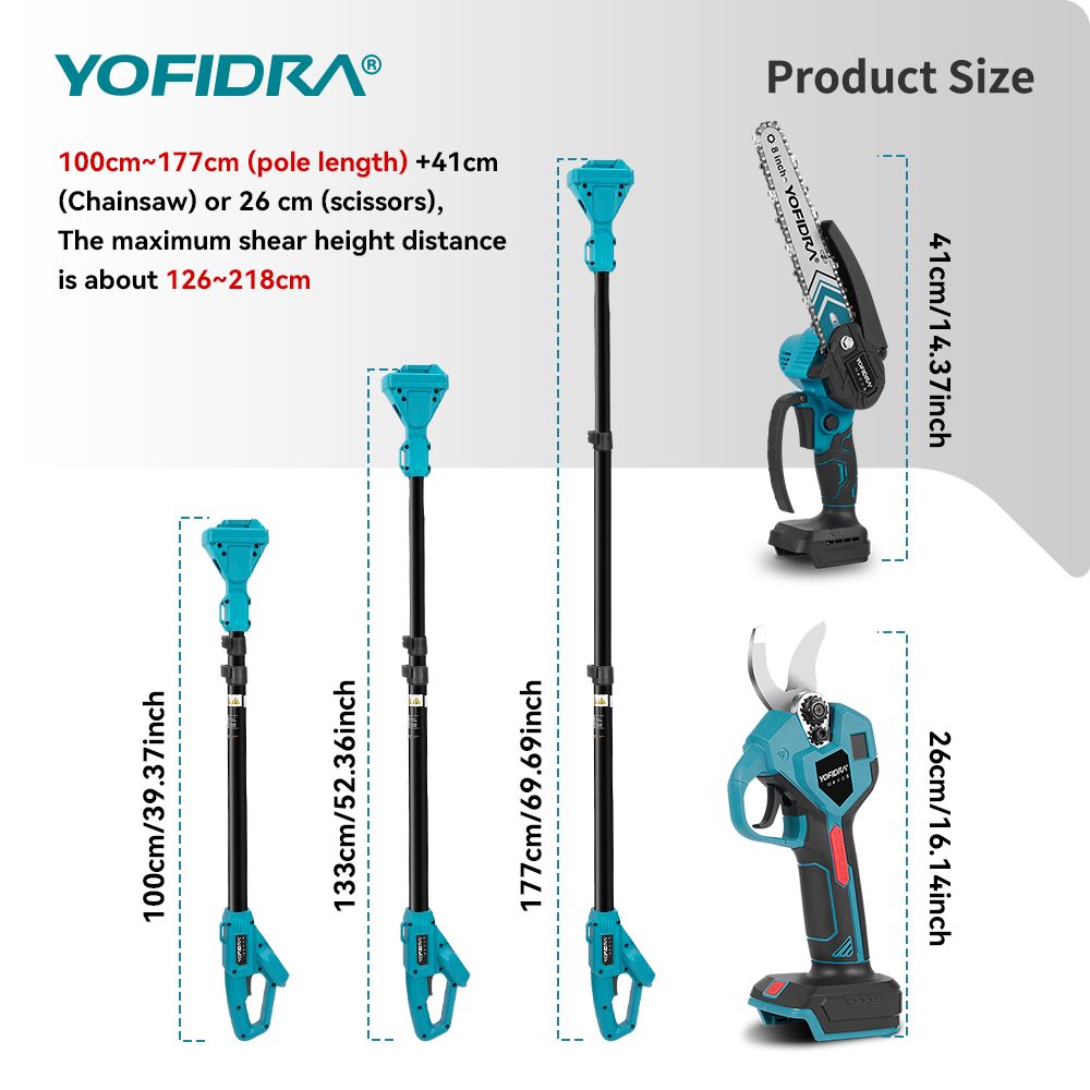 YOFIDRA 8" Brushless Chainsaw + 32mm Pruner Set, Telescoping Pole, for Makita 18V-21V Batteries