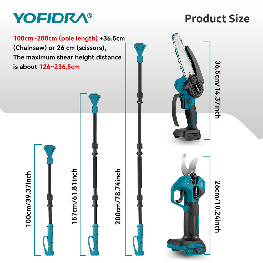YOFIDRA Brushless Telescoping Pole Electric Chainsaw Scissors 3 IN 1 Garden Tree Pruning Power Tool For Makita 18V-21V Battery