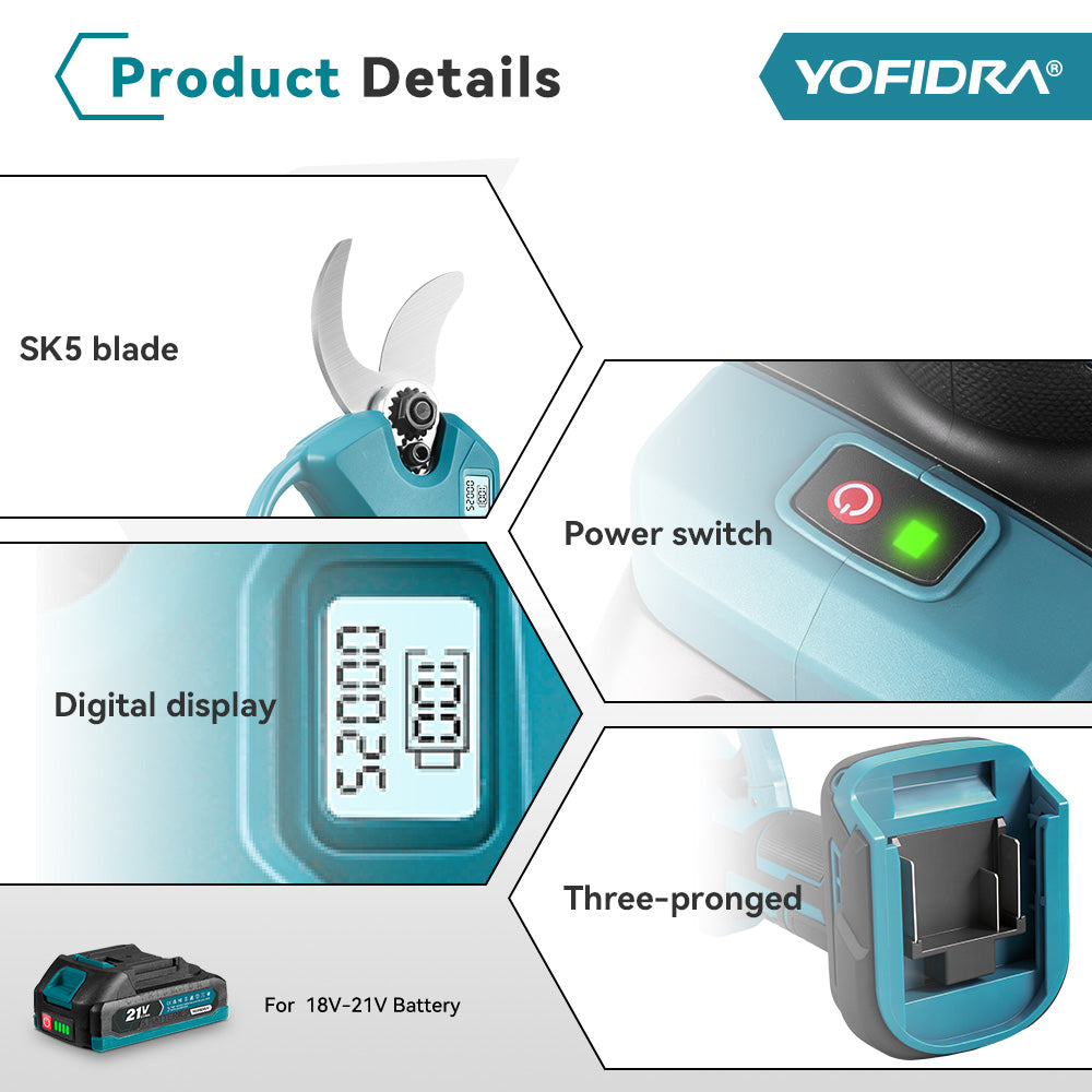 YOFIDRA 30mm 2-Speed Brushless Digital Pruning Shears - Compatible with Makita 18V Battery