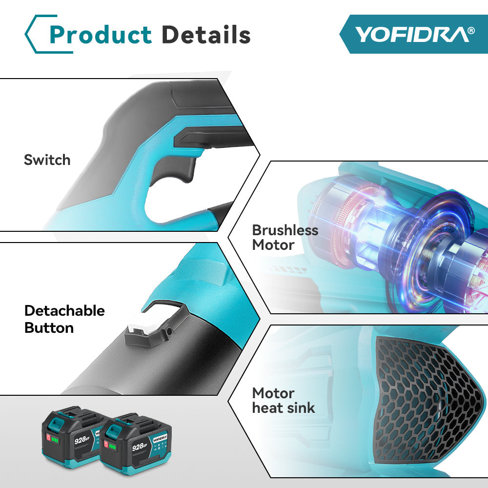 YOFIDRA Brushless Cordless Blower – Powerful Leaf, Dust & Snow Cleaner for Makita 18V-21V Battery