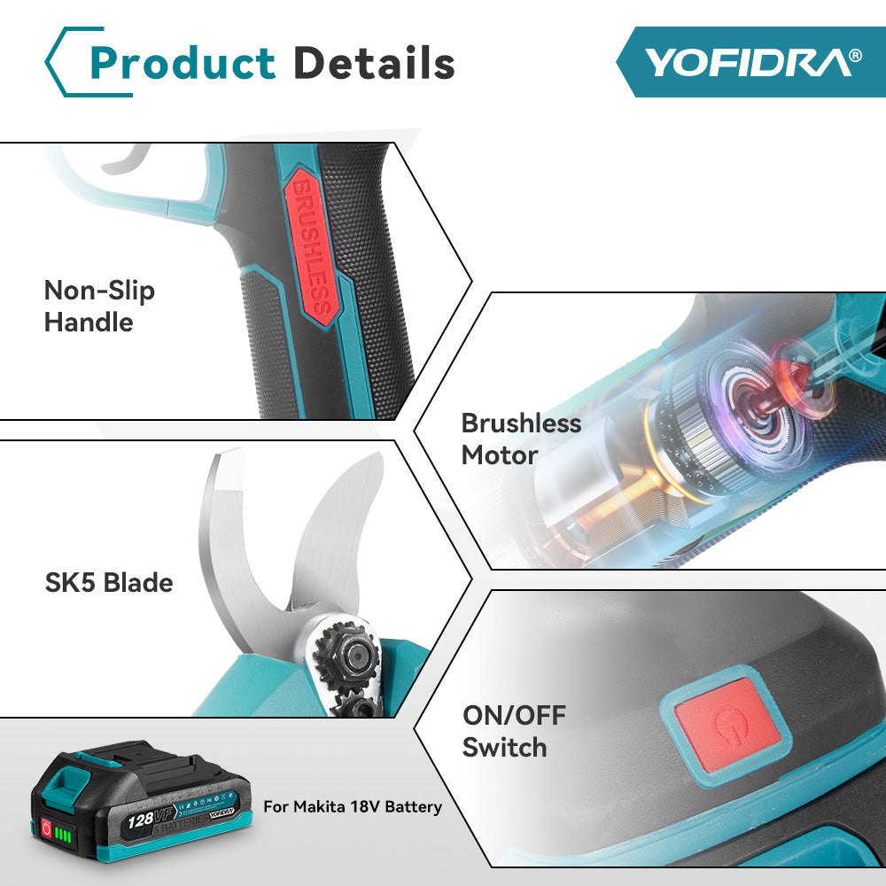 YOFIDRA 32mm Brushless 2 Gears Cordless Fruit Tree Bonsai Pruning Electric Scissors For Makita 18V Battery