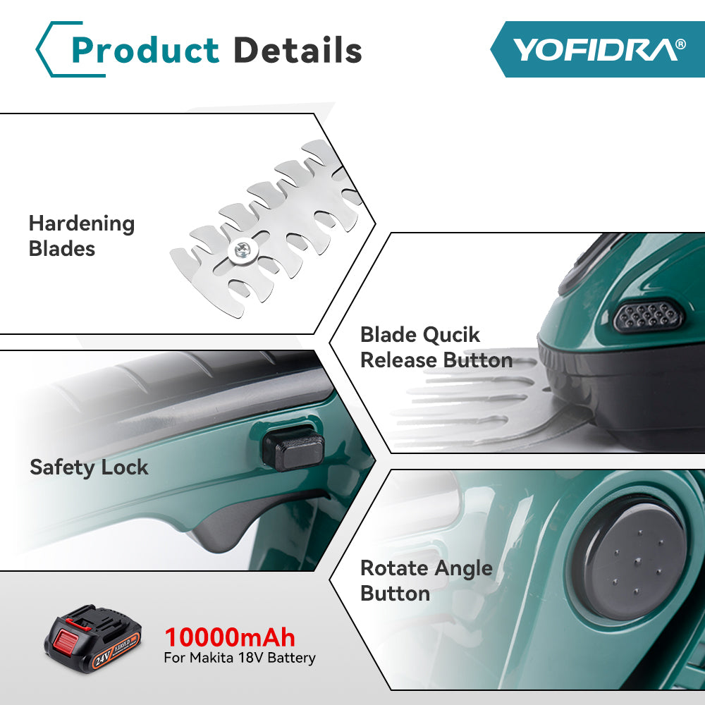 YOFIDRA 2 IN 1 Cordless Electric Hedge Trimmer - Compatible with Makita 18V Batteries