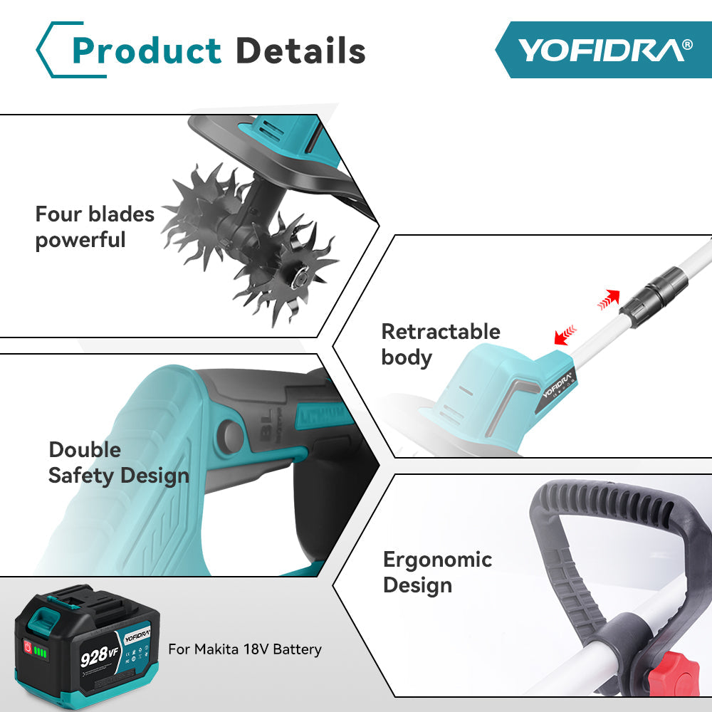 YOFIDRA Cordless Brushless Garden Tiller – Fits Makita 18V-21V Batteries