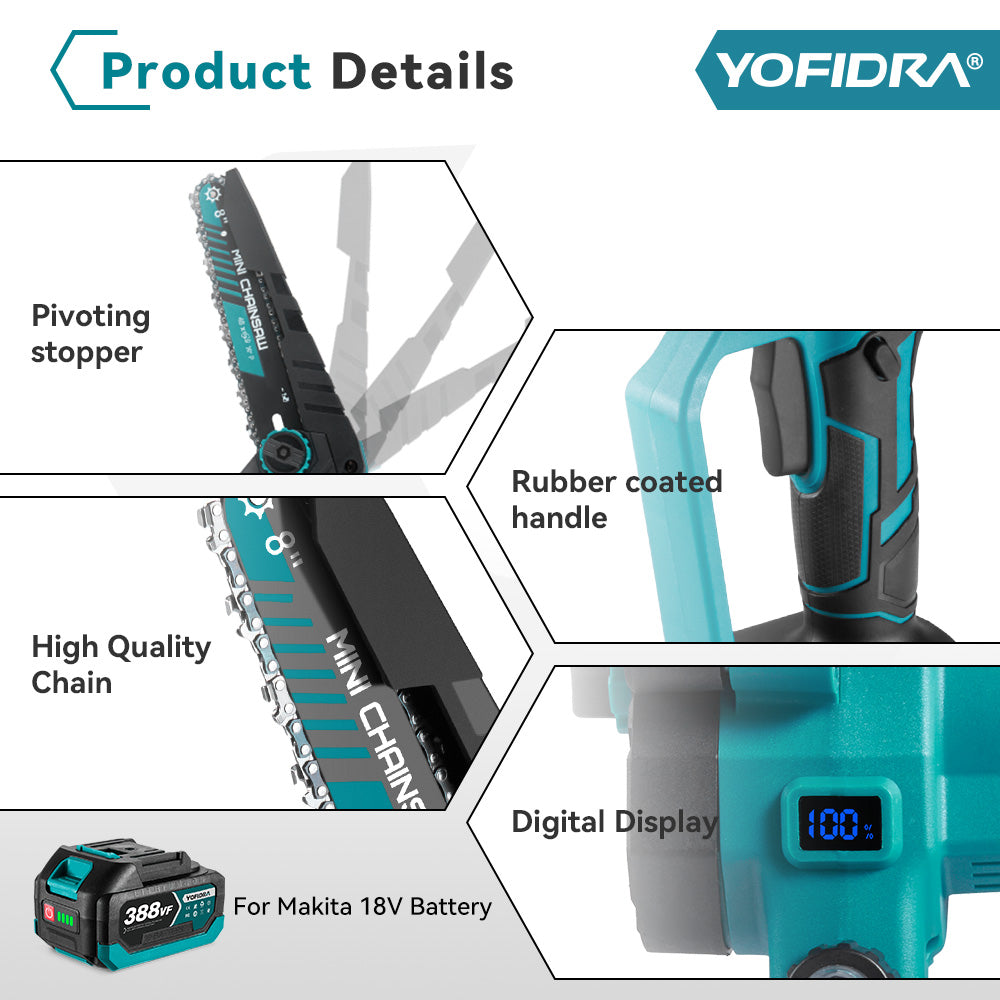 YOFIDRA 8 Inch Cordless Electric Chainsaw with Digital Display Compatible with Makita 18-21V Battery