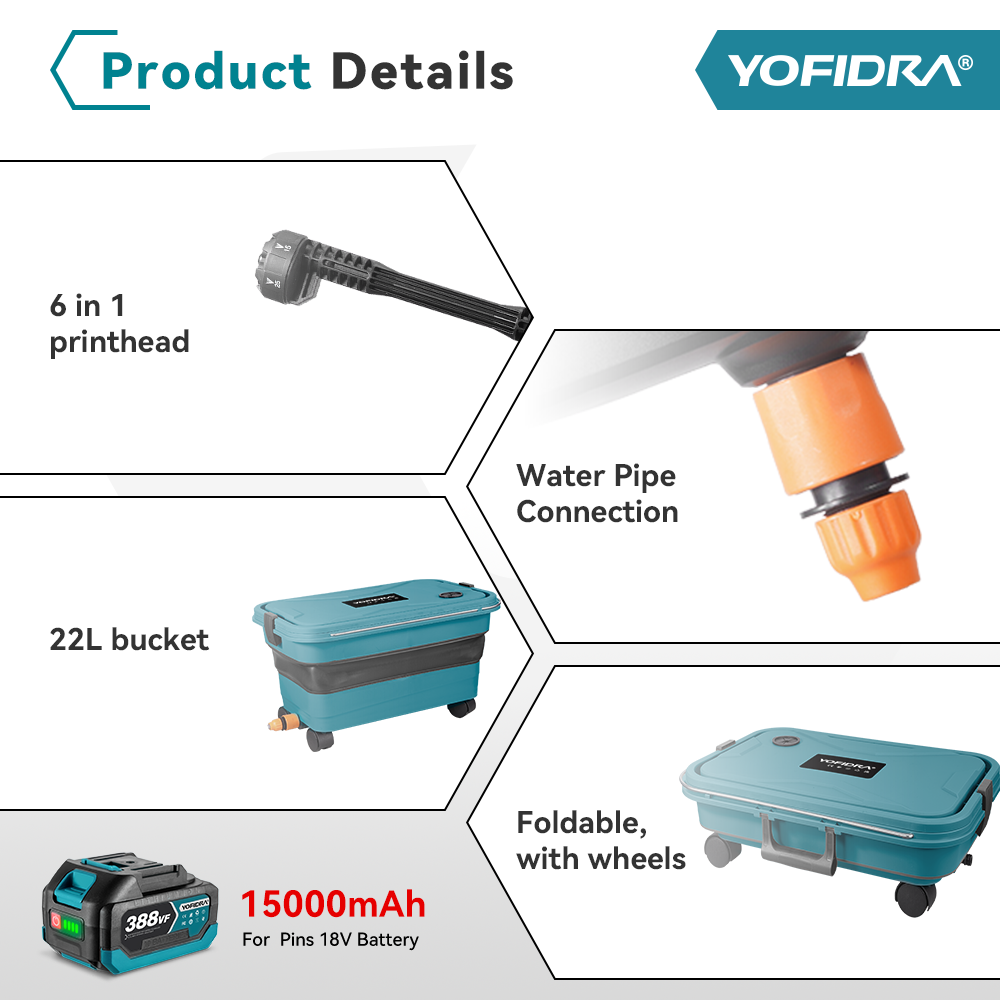 YOFIDRA High Pressure Water Gun Kit with 22L Foldable Bucket - Compatible with Makita 18V Batteries