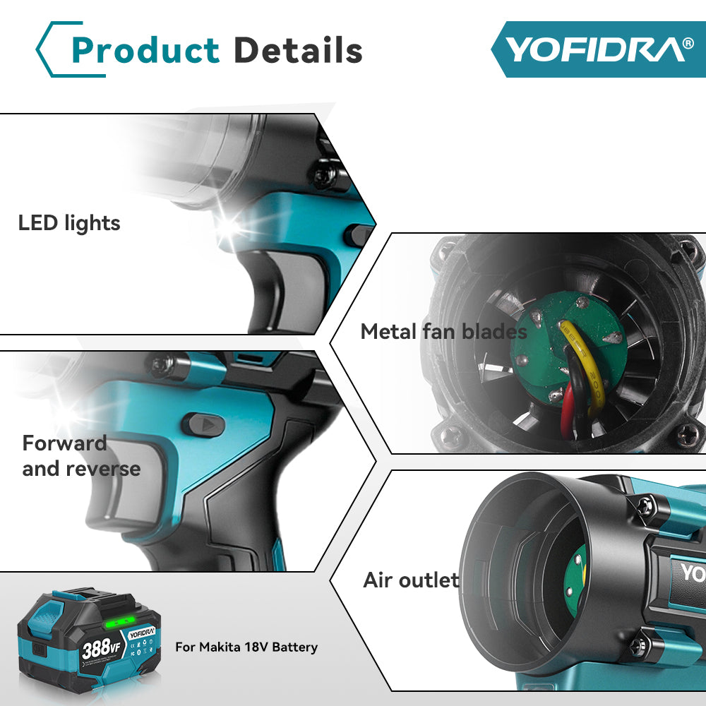 YOFIDRA Brushless 2-in-1 Cordless High-Speed Turbo Blower & Vacuum - Compatible with Makita 18-21V Battery