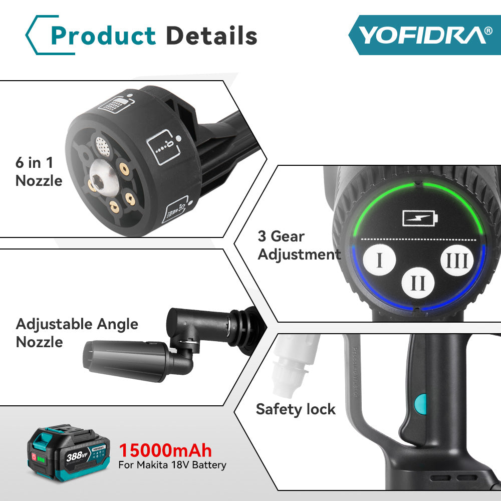 YOFIDRA 200Bar Brushless High Pressure Water Gun for Car and Garden Cleaning - Compatible with Makita 18V Batteries