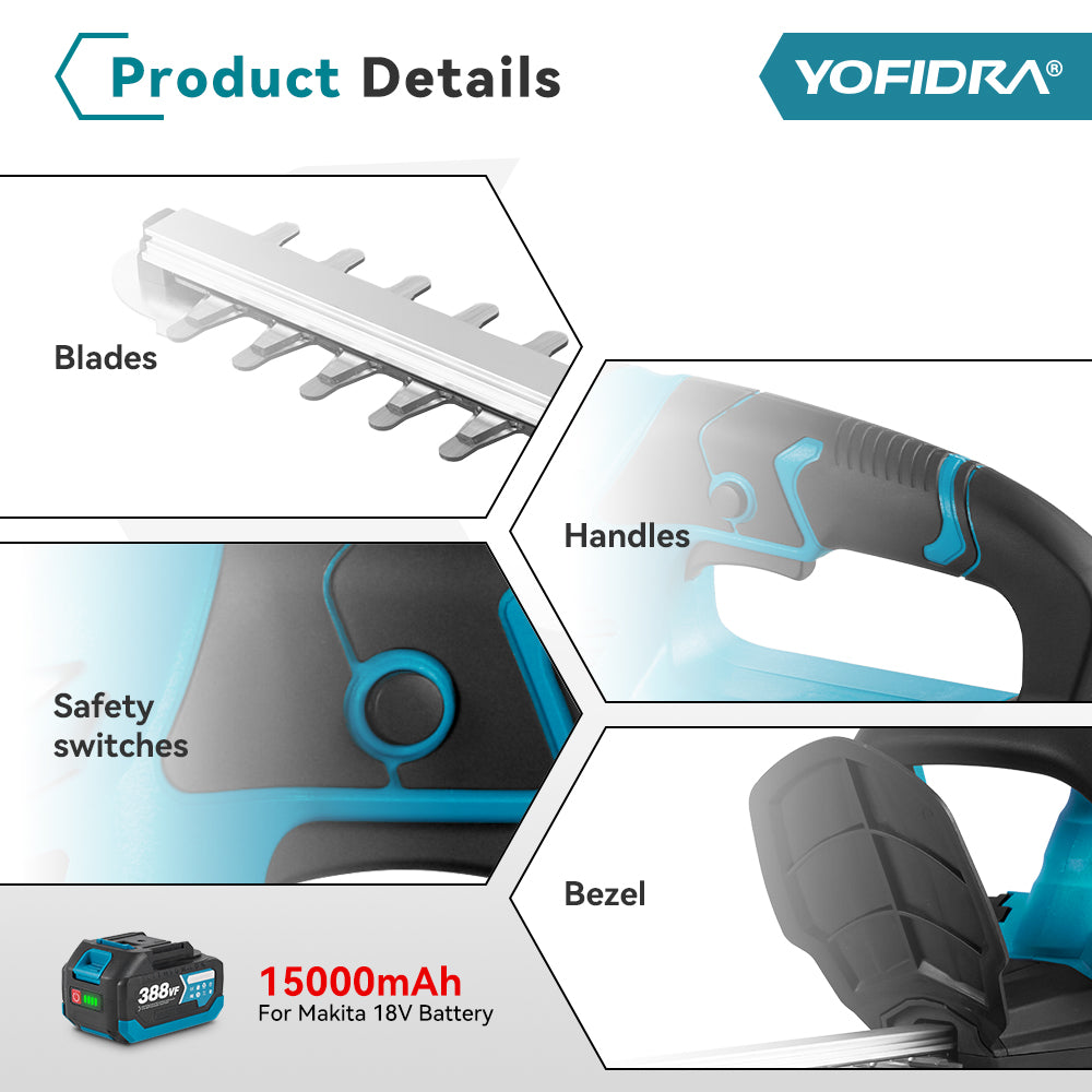 YOFIDRA 510mm Brushless Cordless Hedge Trimmer - Compatible with Makita 18V Batteries