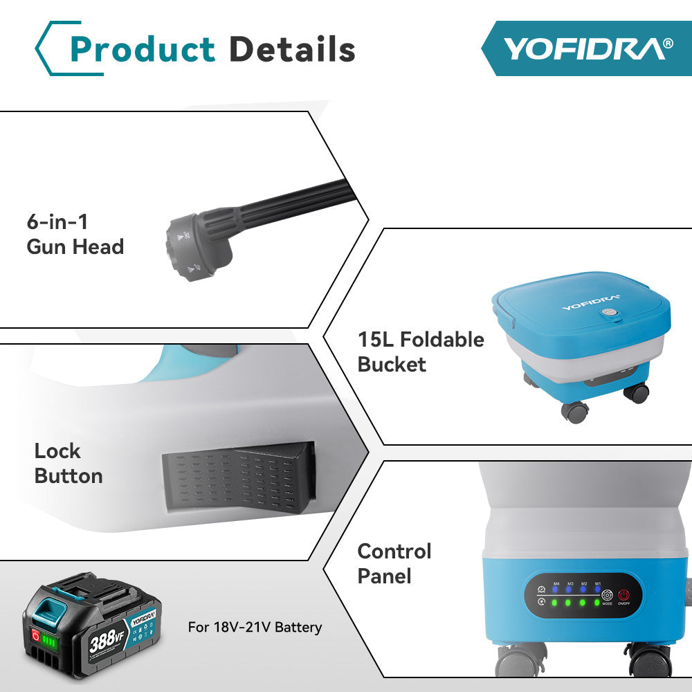 YOFIDRA High-Pressure Cordless Foldable Water Tank Washer, 4-Level Pressure, 6-in-1 Nozzle, Lockable Head, 3m Hose