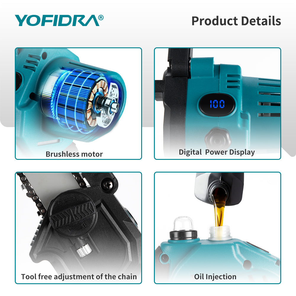 YOFIDRA 8" Brushless Cordless Electric Chainsaw - Compatible with Makita 18V Batteries