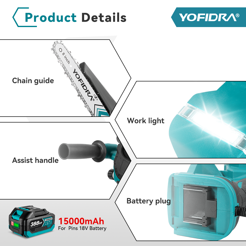 YOFIDRA 8" Brushless Cordless Chainsaw with Digital Display - Compatible with Makita 18-21V Battery