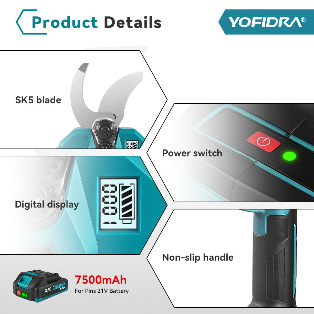 YOFIDRA 32mm Brushless Digital Pruning Shears (2-Speed) - Compatible with Makita 18V Battery