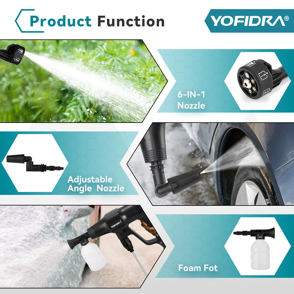 YOFIDRA 200Bar Brushless High Pressure Water Gun for Car and Garden Cleaning - Compatible with Makita 18V Batteries