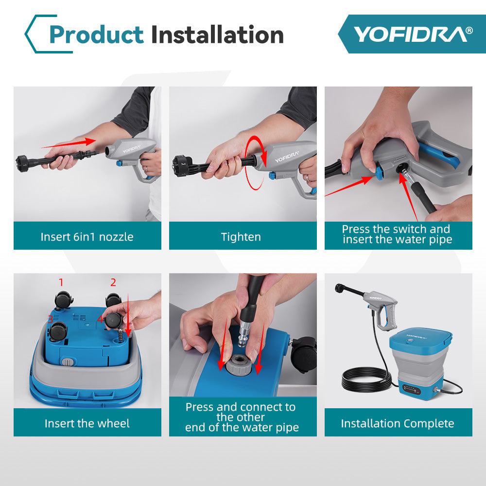 YOFIDRA High-Pressure Cordless Foldable Water Tank Washer, 4-Level Pressure, 6-in-1 Nozzle, Lockable Head, 3m Hose